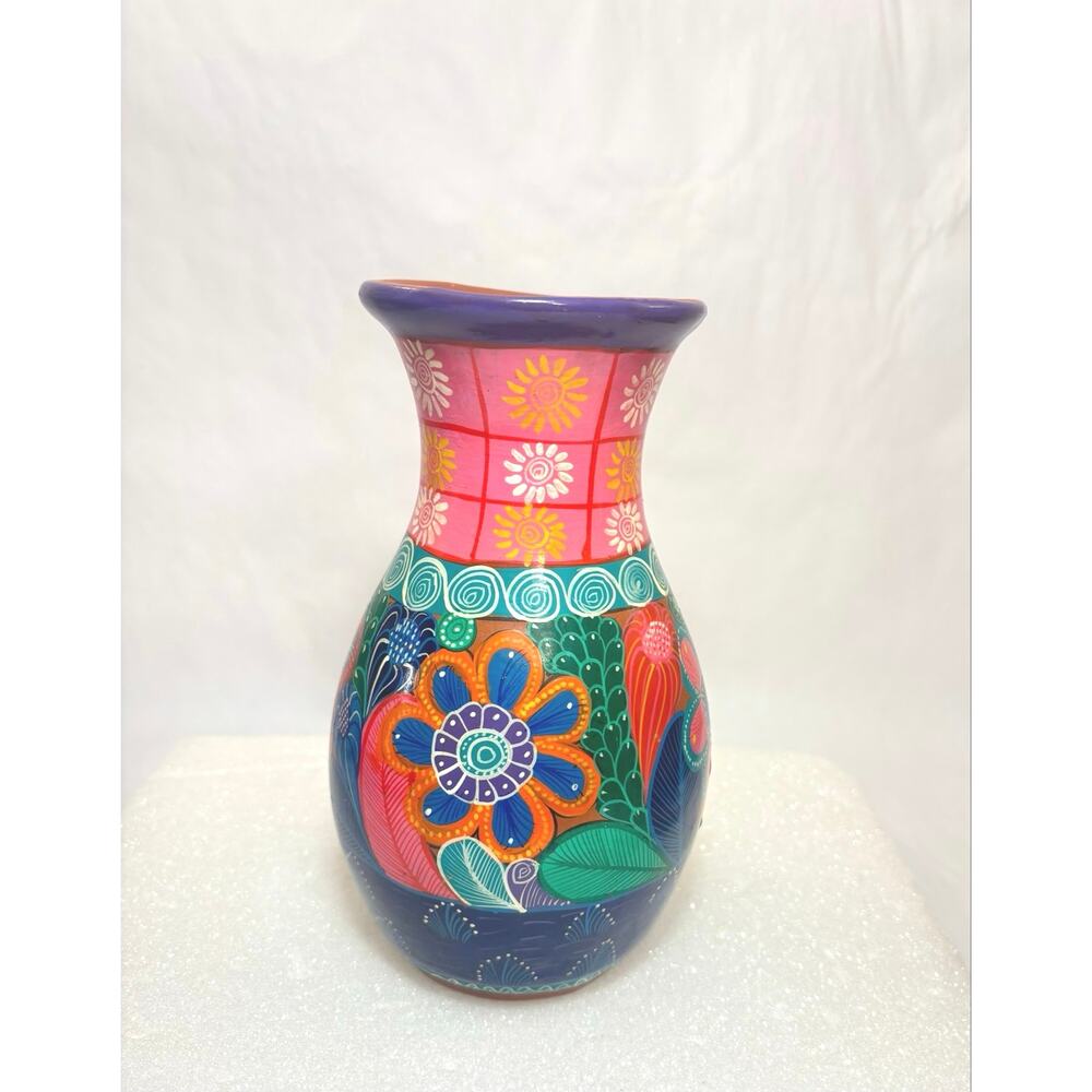 Mexican Redware Vase Handpainted Pottery Terracotta Folk Art Bright Florals